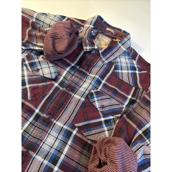Guess Other - Vintage GUESS Western Plaid Maroon Pearl Snap Rancher Ticking Lined Men's XL